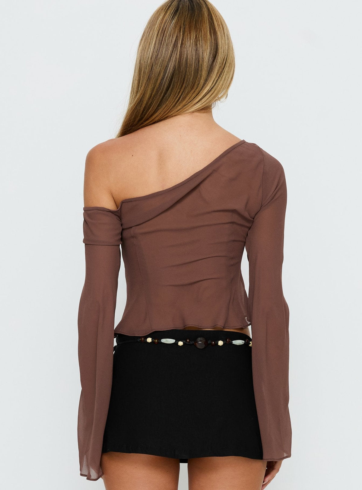 Nivara Chiffon One Shoulder Long Sleeve Top Mocha