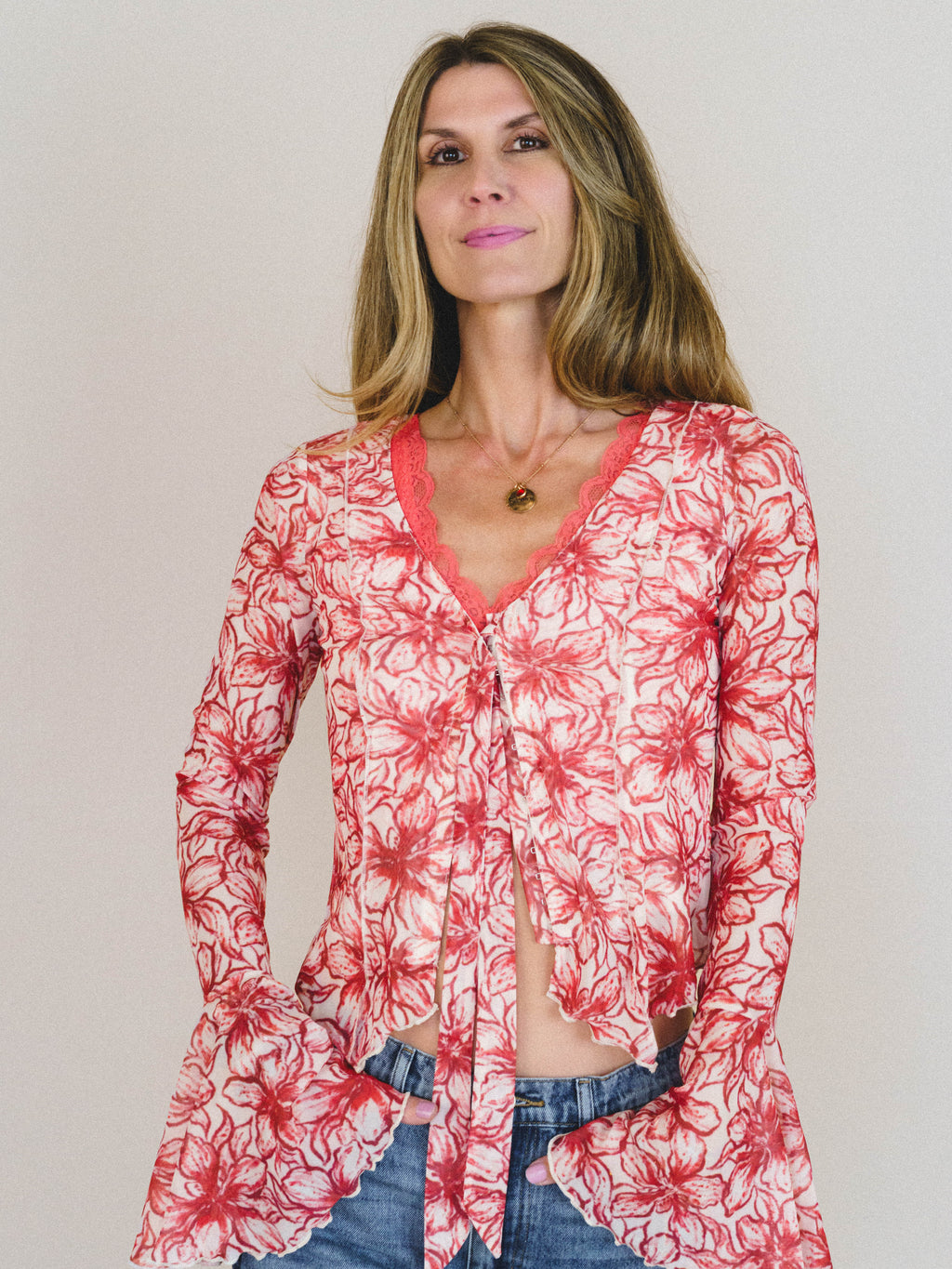 Foxy Flower Bell Sleeve Top - Red