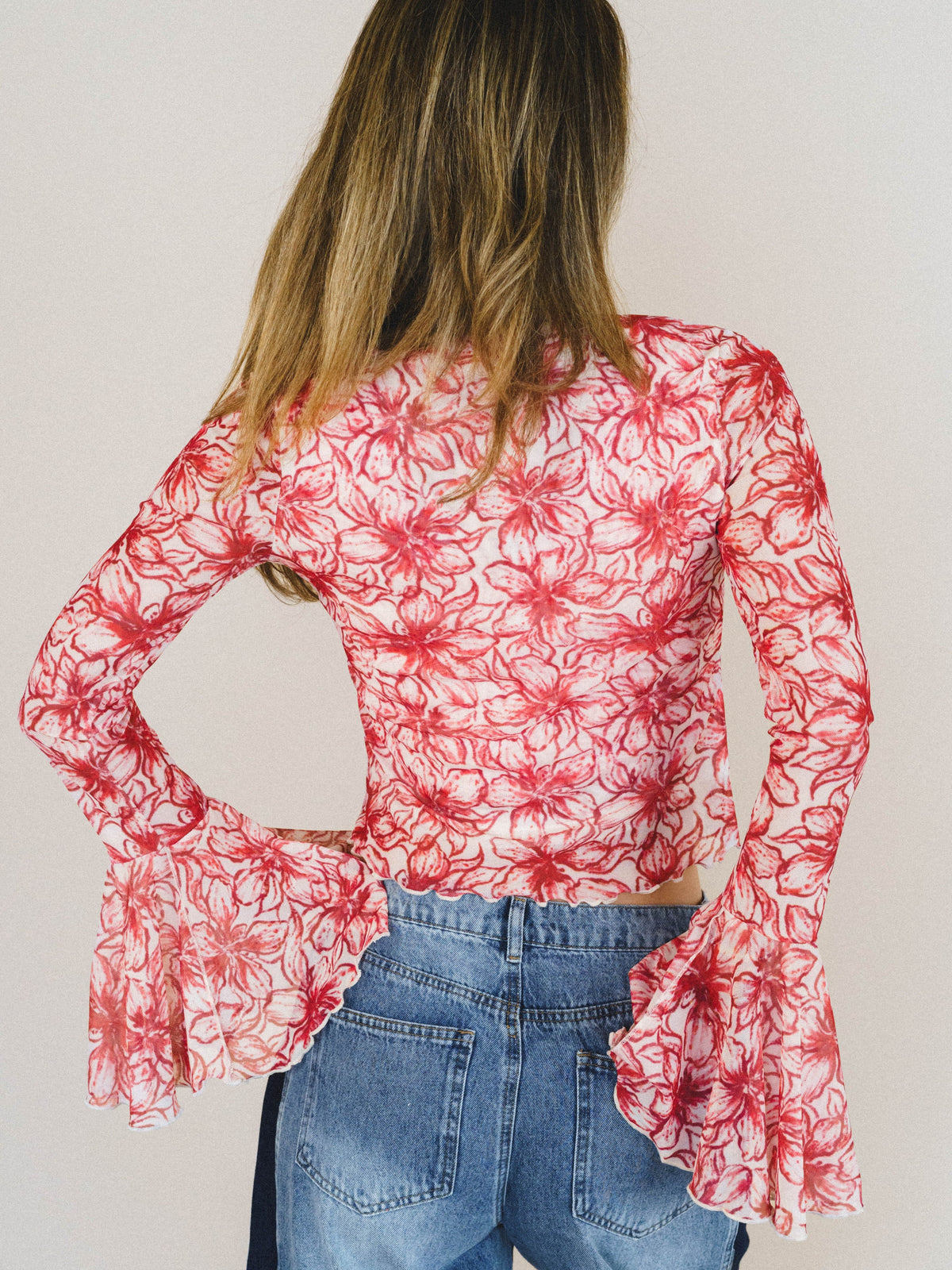 Foxy Flower Bell Sleeve Top - Red
