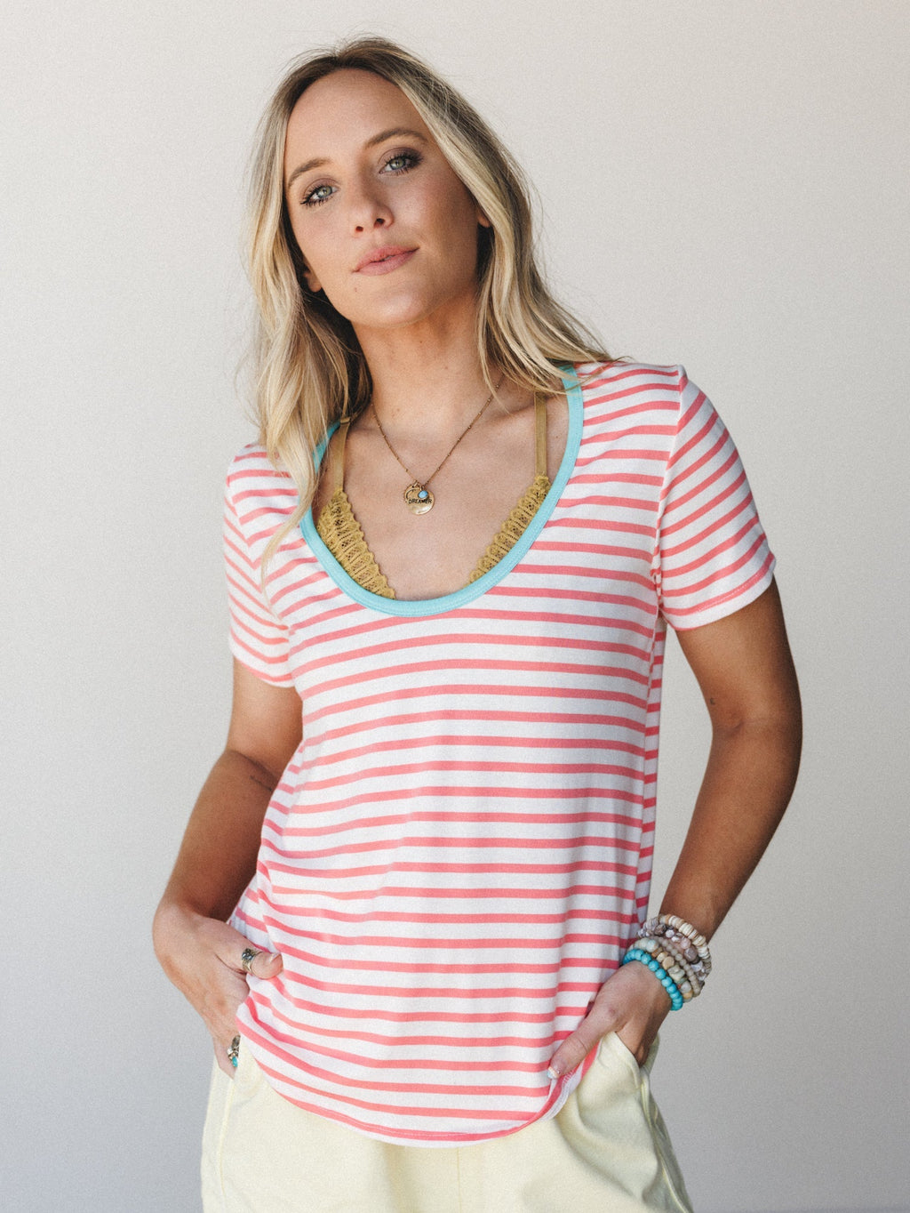 The Nest Scoop Neck Bralette Tee - Coral