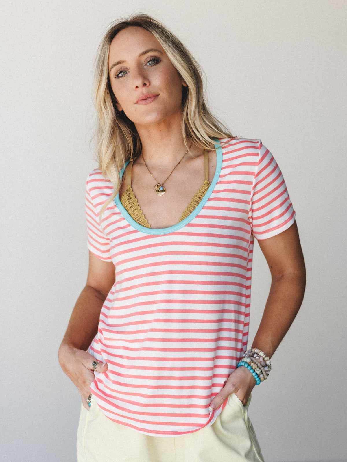 The Nest Scoop Neck Bralette Tee - Coral